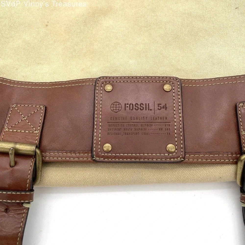 VTG Fossil Cotton Canvas and Leather Oversized Messenger Book Bag Unisex Travel